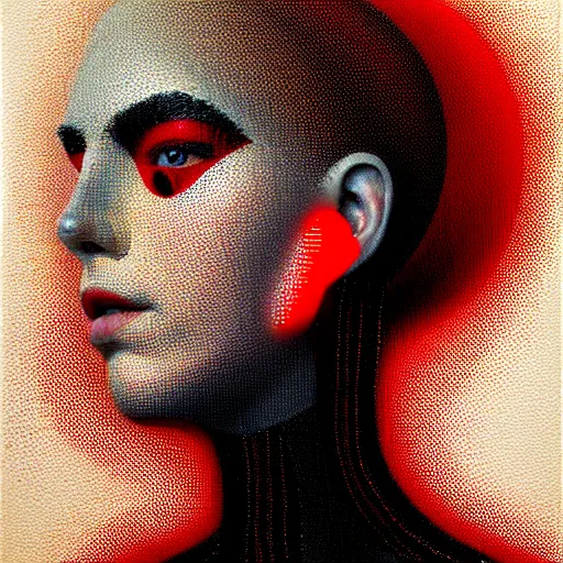 Image similar to pointillisme potrait of a cyborg with black and red robotic parts, medium shot, asymmetrical, profile picture, organic painting, sunny day, matte painting, bold shapes, hard edges, street art, trending on artstation, by huang guangjian and gil elvgren and sachin teng