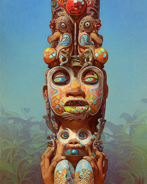 Image similar to a painting of a tribal tiki totem pole, a surrealist painting by Naoto Hattori, alphonse mucha, by RHADSan beeple, trending on deviantart, pop surrealism, lowbrow, grotesque, whimsical