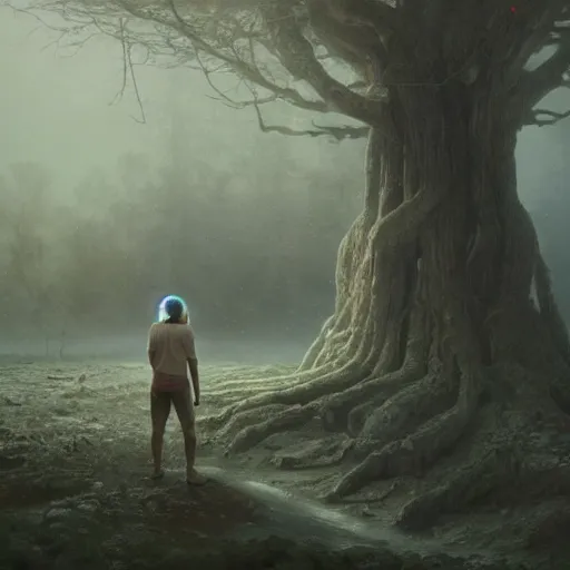 Image similar to a portrait of the last human on earth breathing the last tree thru oxygen tank, Matte painting , detailed painting, made by Greg Rutkowski, 4k resolution, atmospheric, breathtaking