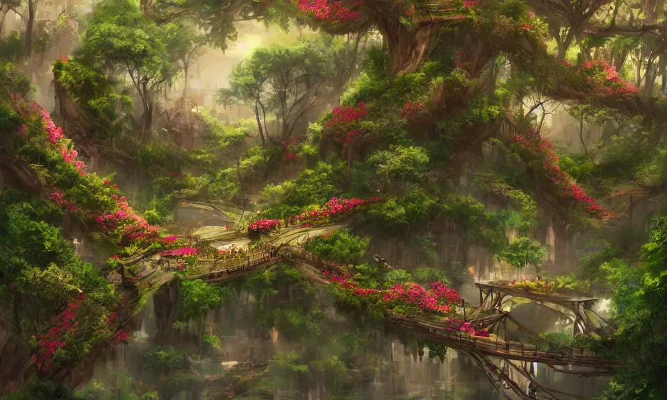 Image similar to a beautiful nature civilization, fancy, flowers, bridges, nature city, people, tree houses, trending on artstation, behance, deviantart