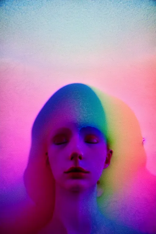 Image similar to high quality pastel coloured film close up wide angle photograph of a model wearing clothing swimming on cloud furniture in a icelandic black rock!! environment in a partially haze filled dreamstate world. three point light, rainbow. photographic production. art directed. pastel colours. volumetric clouds. pastel gradient overlay. waves glitch artefacts. extreme facial clarity. 8 k. filmic.