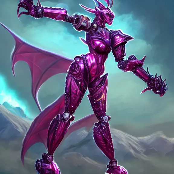 Image similar to extremely detailed fanart of a goddess that's a giant beautiful anthropomorphic robot female dragon, towering over mountains, elegant pose, shiny silver metal armor, fuchsia skin, digital art, furry art, furaffinity, DeviantArt, 8k HD