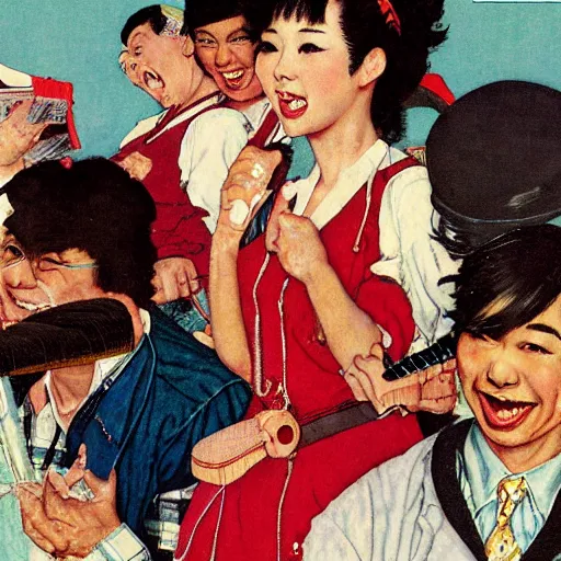 Prompt: A norman rockwell illustration about a japanese 1980 idol singer