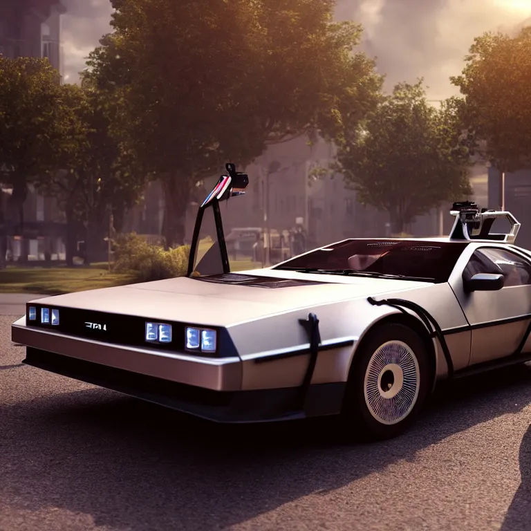 Image similar to a cinematic shot of a bttf delorean, bttf delorean, mr fusion, octane render, volumetric lighting, nvidia raytracing demo, by Andy Thomas, Mario Martinez, Daniel Mirante, Gustave Dore, Artstation, CGsociety, masterpiece