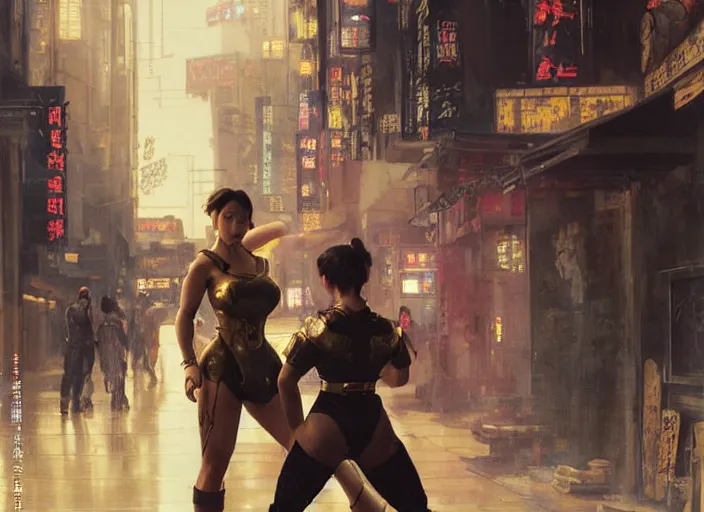 Image similar to chun li confronts thugs ( blade runner 2 0 4 9, cyberpunk 2 0 7 7 character design ). orientalist portrait by john william waterhouse and james gurney and theodore ralli and nasreddine dinet, oil on canvas. cinematic, hyper realism, realistic proportions, dramatic lighting, high detail 4 k