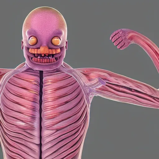 Prompt: Grimace with transparent skin and you can see the intestines and lungs underneath