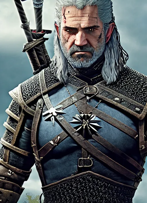 Image similar to Mel Gibson in The Witcher 3, gameplay, 8k, HD