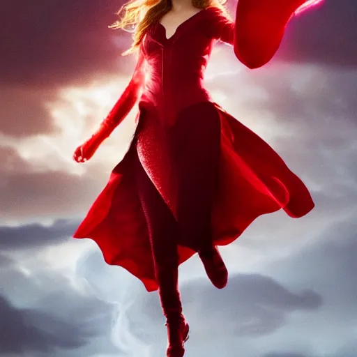 KREA - elizabeth olsen as the scarlet witch afloat in the air with red  eyes, red magic surrounds her, trending on artstation, 8 k quality,  cgsociety contest winner, artstation hd, artstation hq