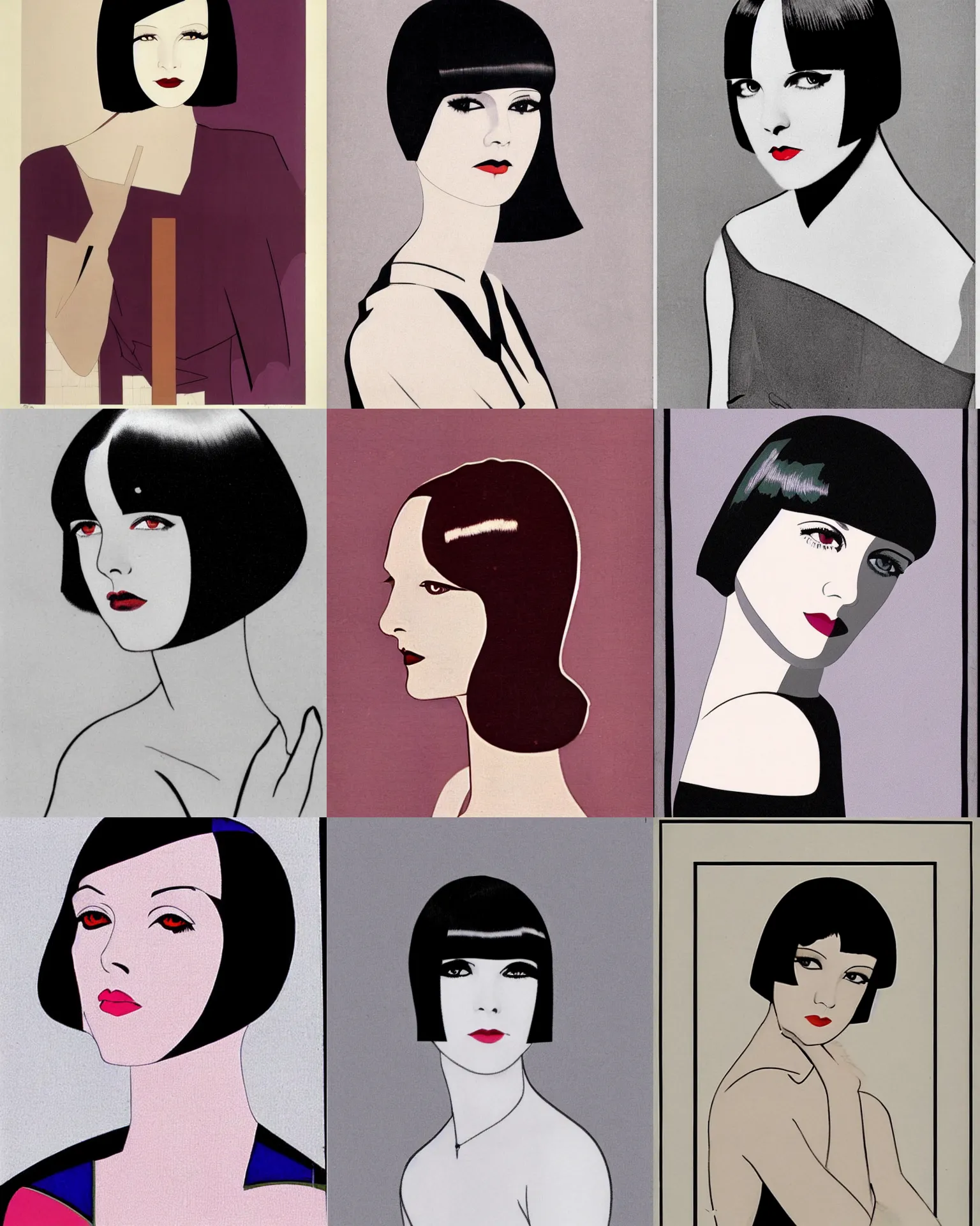 Prompt: Mary Louise Brooks 25 years old, bob haircut, geometic hair, portrait by Patrick Nagel, 1920s,