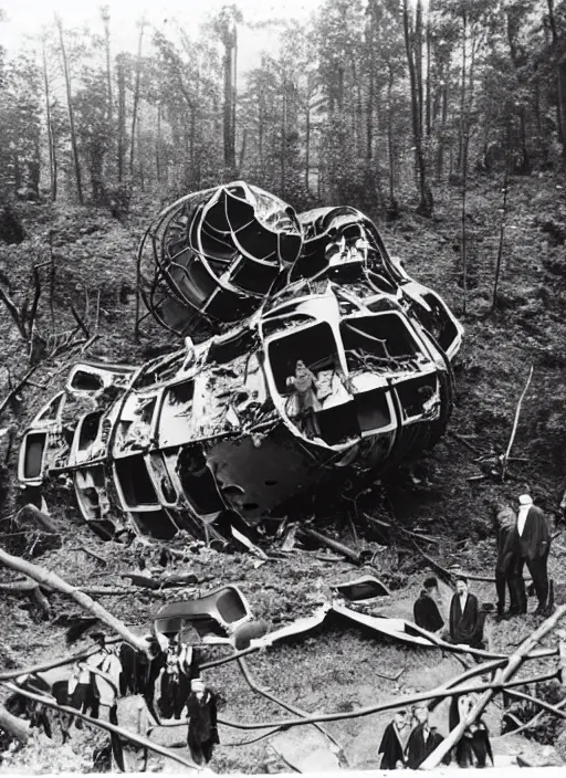 Image similar to vintage photograph of advanced crashed vessel in the forest with people inspecting the rubble