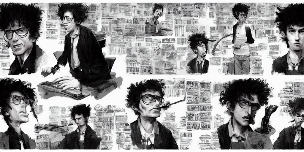 Image similar to cartoonish bob dylan playing the piano, character sheet, fine details, concept design, contrast, kim jung gi, greg rutkowski, trending on artstation, 8 k, full body, turnaround, front view, back view, ultra wide angle