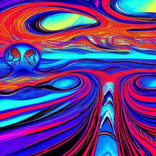 Prompt: psychedelic surfing sunset by aerroscape and daniel liang and ralph steadman, acid, trippy, digital art, cosmic, constrast, saturation, vibrant, 3 d high definition, trending on art station, trending on deviant art, unreal engine