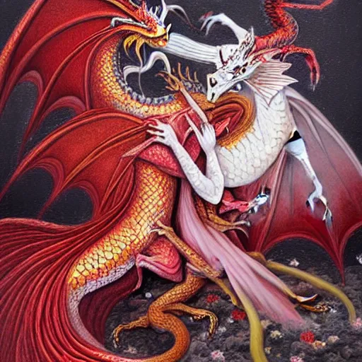 Prompt: miniature painting of a dragon fighting a woman, red+velvet+pink+orange+white colors, by Mahmoud Farshchian, intricate, insane detailed, very detailed