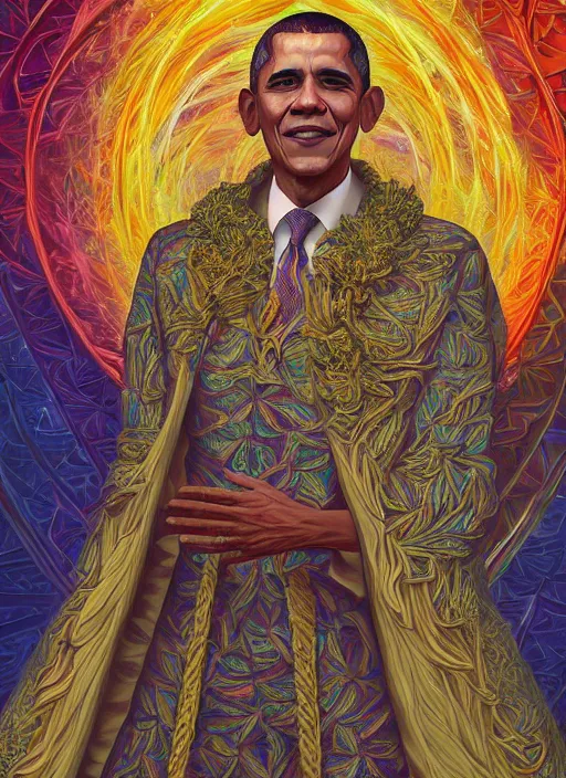 Prompt: beautiful oil painting, full length portrait of Barack Obama in coronation robes 1701, Dan Mumford, Dan Mumford, Alex grey, Alex grey, highly detailed , lsd visuals, dmt fractal patterns, hallucinogen, visionary art, psychedelic art, ornate, vaporwave, baroque