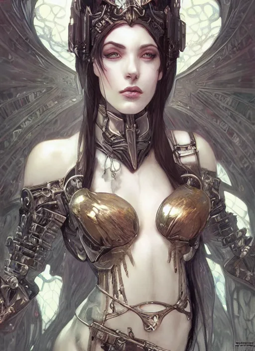 Image similar to portrait of beautiful pale gothic maiden in armor bikini, warhammer 40000, cyberpunk, intricate, elegant, highly detailed, digital painting, artstation, concept art, smooth, sharp focus, illustration, art by artgerm and greg rutkowski and alphonse mucha and Gustav Klimt
