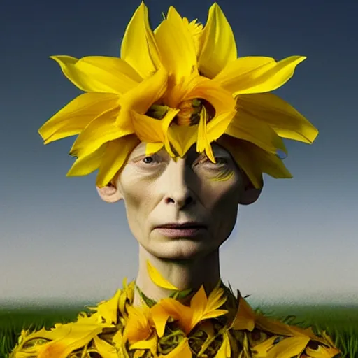 Prompt: medium shot, tilda swinton face fused with daffodil, head covered with leaves, inside the flower, daffodils field, highly detailed, unreal engine, 3 d art, digital art, painting by greg rutkowski