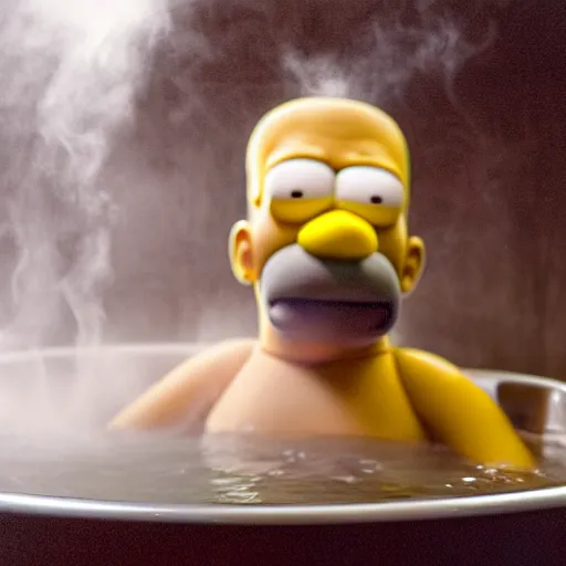 Image similar to photographic portrait by Annie Leibovitz of homer simpson in a hot tub, closeup, foggy, sepia, moody, dream-like, sigma 85mm f/1.4, 15mm, 35mm, 4k, high resolution, 4k, 8k, hd, full color