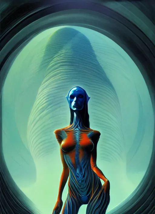 Image similar to photo of an alien woman in the style of roger dean, realistic, sharp focus, 8 k high definition, insanely detailed, intricate, elegant, art by greg rutkowski and artgerm, extreme blur coral reef background