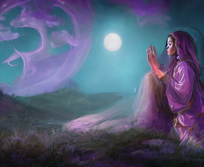 Image similar to an illustration of a mystical spiritual scene with a young woman in it, with starry dusted light and a moon, purple - tinted, high contrast, highly detailed, sharp focus, digital painting, illustration, trending on artstation,