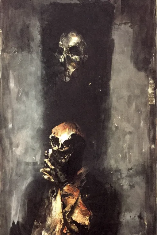 Image similar to menacing portrait of medici emerging from the dark void, loneliness in the dark void, painted by Adrian Ghenie, Eugène Delacroix, Francis Bacon,