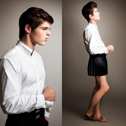 Image similar to A young pretty male model showcasing a very cute pleated miniskirt and blouse. Studio lighting