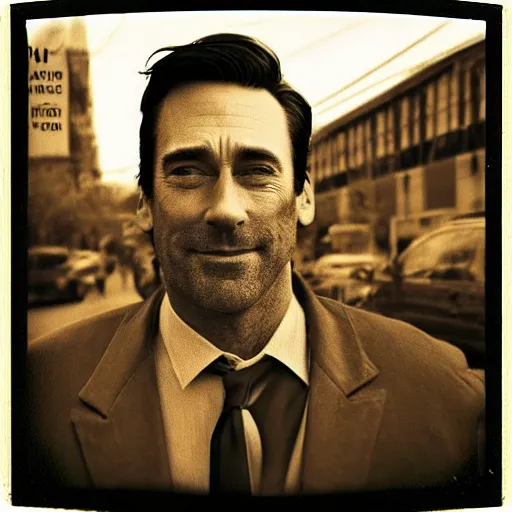 Prompt: polaroid picture, sepia, homeless jon hamm in the streets of houston, unshaved, perfect face, symmetrical face, fine details, day setting, ethereal, trending on artstation