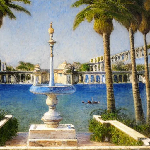 Image similar to a ultradetailed beautiful painting of a old fountain in the amazonas palace balustrade designed by jules bastien - lepage, tarsila do amaral, frank weston and gustave baumann, beach, trending on artstation, mediterranean, palm trees, sharp focus, soft light, 8 k 4 k