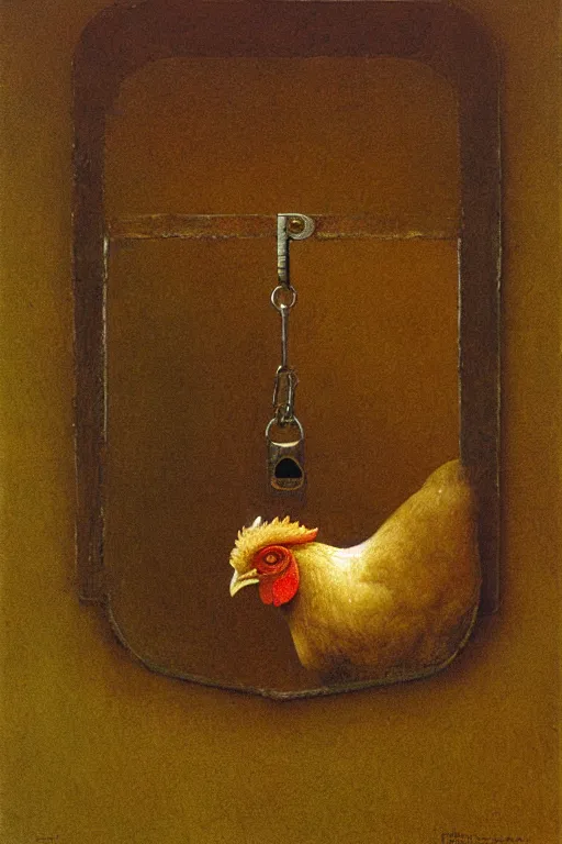 Image similar to a chicken trapped inside a mirror with a key on the ground, beksinski, oil painting