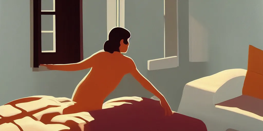 Prompt: sad girl on the bed, looking outside, summer evening, kenton nelson