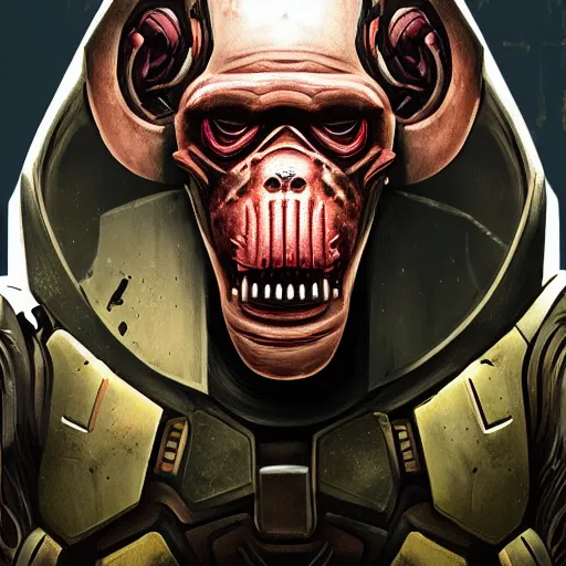 Prompt: sci - fi, undead cyborg head, doom eternal, baboon