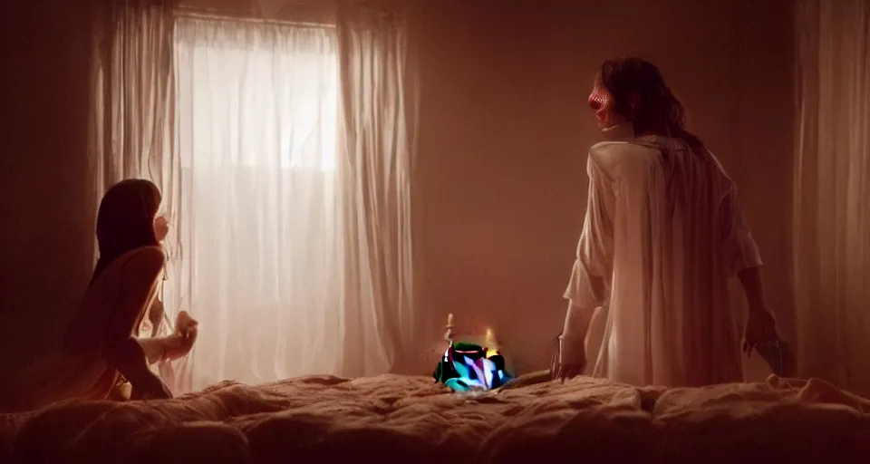 Image similar to Halloween film, cinematic color tones. Scene where a woman in white looking the window from dark room at night, focus on her back