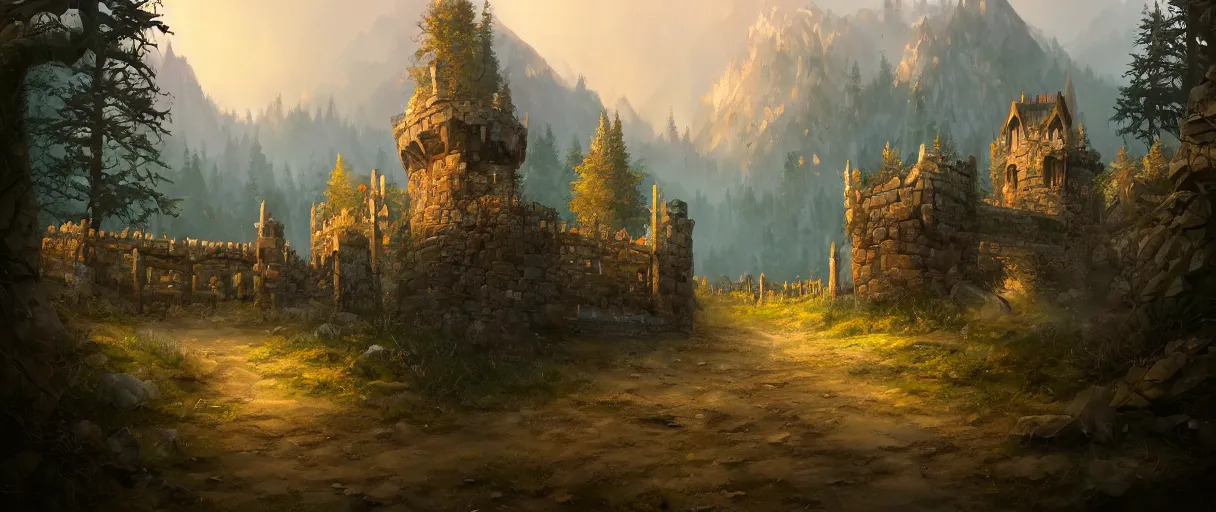 Prompt: digital painting of a small metal castle town closed off by large metal gate, metal border, behind a forest, large mountains in back, concept art, low angle, high detail, warm lighting, volumetric, godrays, vivid, beautiful, trending on artstation, by Jordan grimmer, no focus, huge scene, grass, no bricks