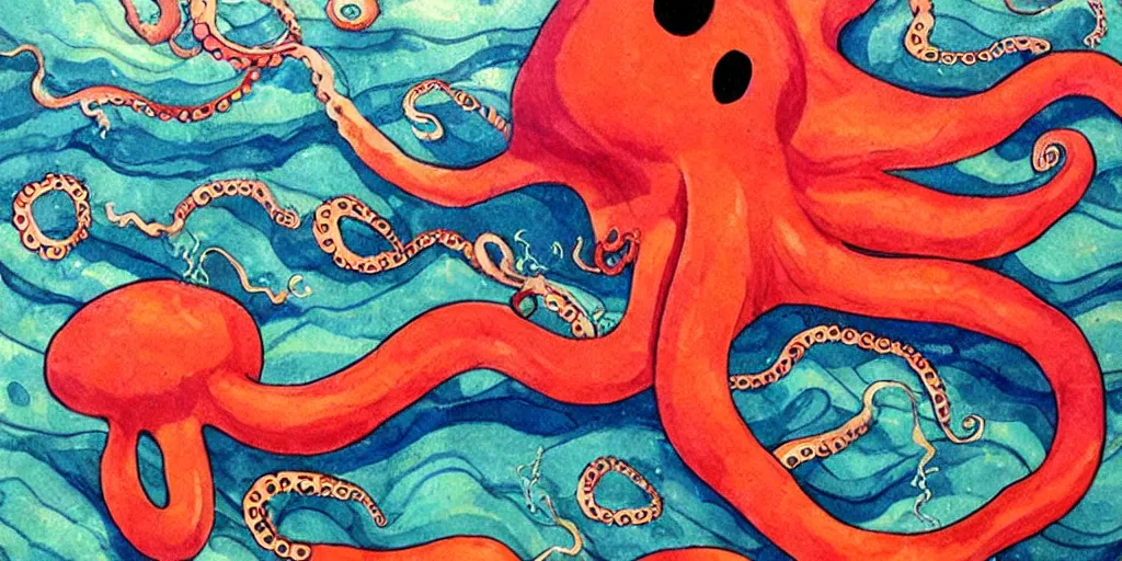 Prompt: ” beautiful octopus drifting in the deep sea painted by yuko higuchi. ”