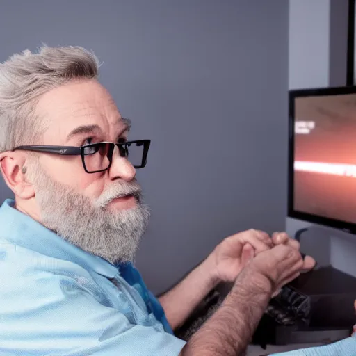 Prompt: large old man with glasses and a beard streaming an FPS game on his PC getting angry, 4k image,