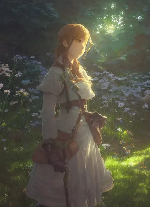 Prompt: a portrait of the emerald herald in the garden, intricate, tone mapped, ambient lighting, highly detailed, digital painting, concept art, sharp focus, by makoto shinkai and akihiko yoshida and hidari and wlop