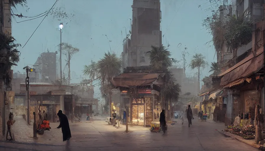Image similar to jeddah city street, roshan, shops, a bright pharmacy, a nomad wearing a worn out coat, plants, tree, dramatic lighting, sci fi, by caspar david friedrich by james gilleard and justin gerard, centered, artstation, smooth, sharp focus, photoreal octane render, by jean baptiste monge, gustave dore, deviantart