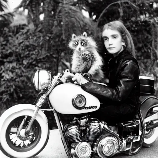 Image similar to a photo by ansel adams of a slender beautiful woman with straight ginger hair and bangs, wearing purple leathers and gold helmet, posing with large ginger tabby and raccoon on a motorcycle in her front yard, holding coffee mug and toasted brioche bun, 8 5 mm lens