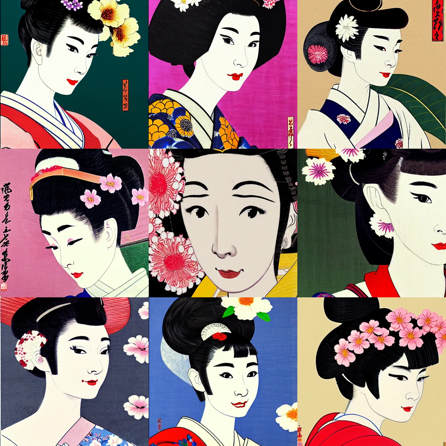 Prompt: painting of audrey hepburn as maiko with big flower hair decoration in ukiyo - e art, half body, 4 k, ultra detailed, photo realistic