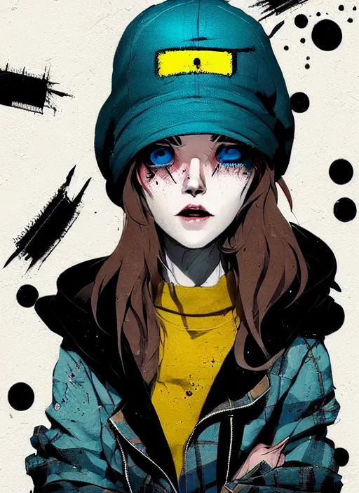 Image similar to highly detailed portrait of a sewer punk lady student, blue eyes, tartan hoody, hat, white hair by atey ghailan, by greg rutkowski, by greg tocchini, by james gilleard, by joe fenton, by kaethe butcher, gradient yellow, black, brown and cyan color scheme, grunge aesthetic!!! ( ( graffiti tag wall background ) )