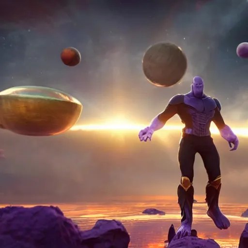 Image similar to thanos juggling planets movie still, cinematic, photorealistic, extreme detail, sharp focus, 8 k, intricate, hyper detailed, realistic, cinematic lighting