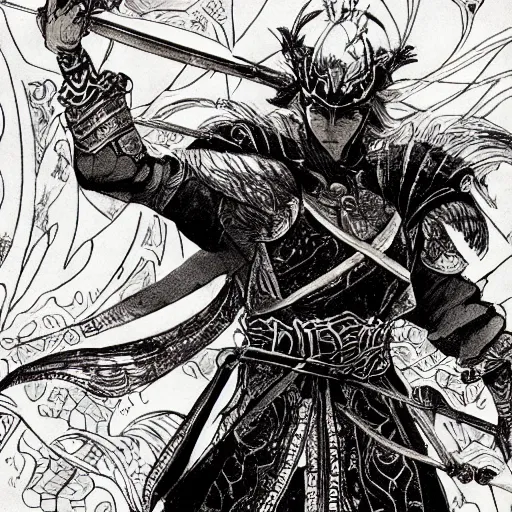 Image similar to a handsome golden magic swordsman glides through a beautiful battlefield magic the gathering dramatic esoteric pen and ink illustrated in high detail by Tatsuki Fujimoto