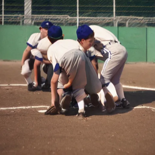 Prompt: 70mm photo of a youth baseball team trying to eat the bleachers, but the coaches are pulling them away