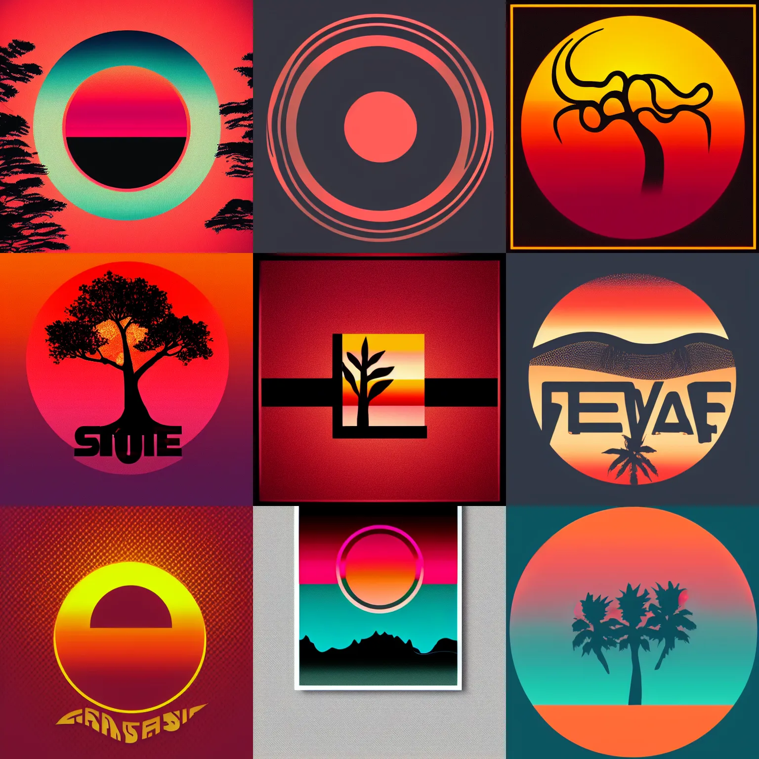 Prompt: retrowave logo.big red orange gradient sun on black solid background.pam trees silhouette on the sun.wavy red water under sun