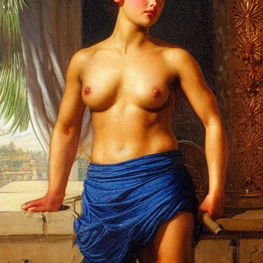 Prompt: a short young genie, with spikey short brown hair, brown skin, abs, a confident smile, emerging from her lamp and flexing her bicep, award winning painting by edward poynter