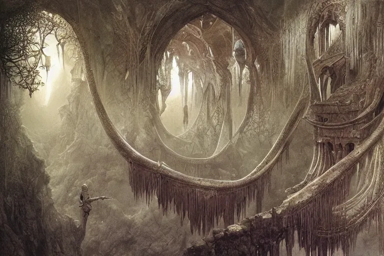 Prompt: hallucination of Himeji Rivendell overlooks the Garden of Eden, amazing concept painting, by Jessica Rossier by HR giger by Beksinski, by brian Froud