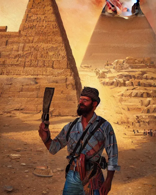 Image similar to detailed painting of an american lumberjack in front of the gizeh pyramids of egypt, deep focus, good lighting, rules of composition, intricate, greg rutkowski, magali villeneuve and monet