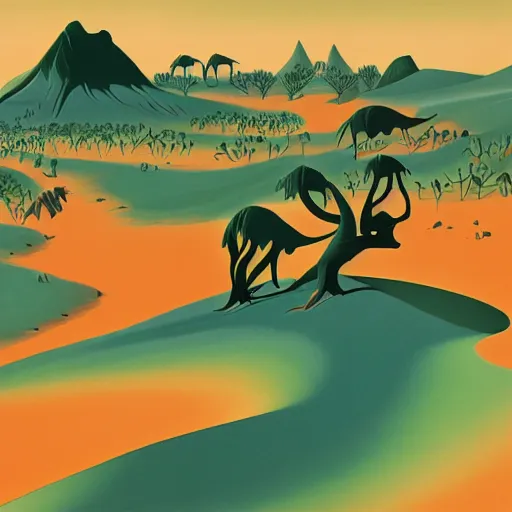 Image similar to eyvind earle desert creatures game