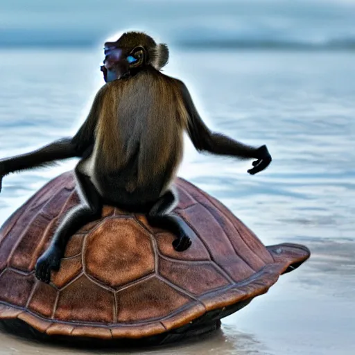 Image similar to a monkey riding on the back of a turtle