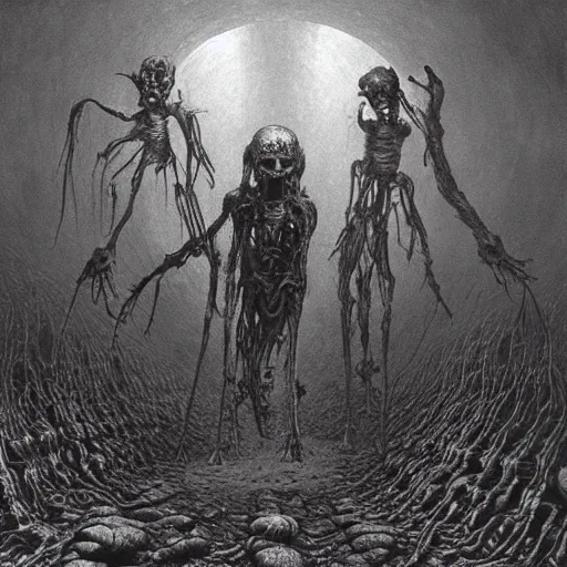 Image similar to merge skeletons in the hundeds reaching out the borken portal to hell, artwork by beksinski gammell mcfarlane giger realsistic horror, wispy prismatic ink horrors