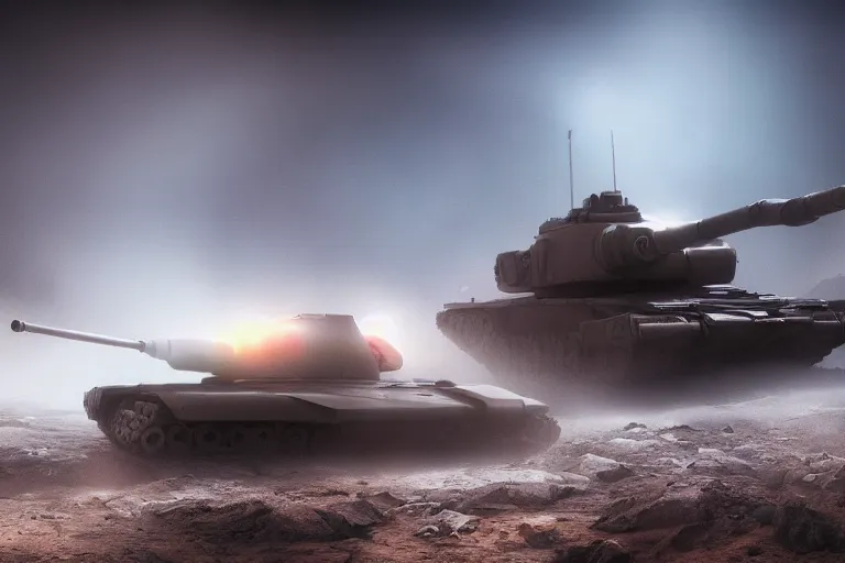 Image similar to sci fi battle tank, battle, fog, highly detailed, cinematic, dramatic lighting, 8 k